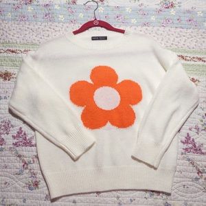 Shein Ivory Sweater with Orange & Pink Flower EUC Size Medium